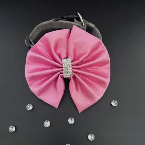 Pink bow for a dog with rhinestones, slide on pet bowtie for collar